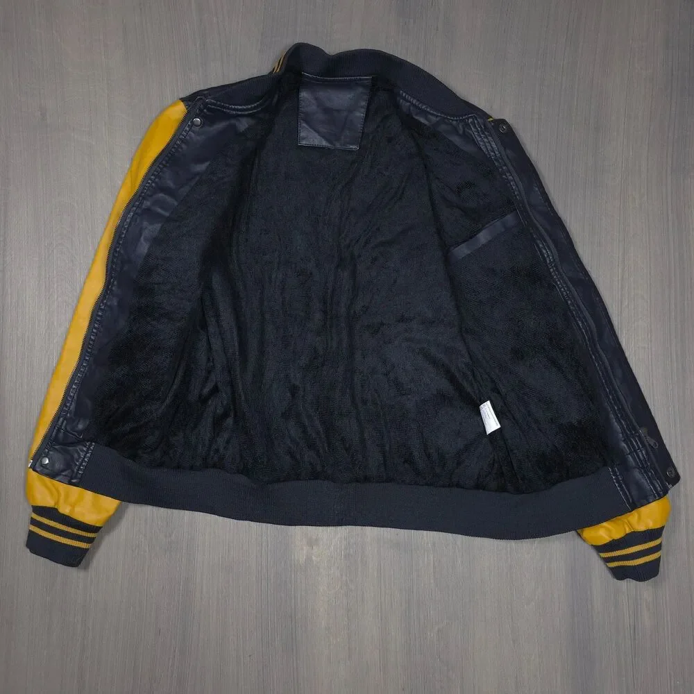 Vintage Style Faux Leather Varsity Jacket Yellow Black Bomber